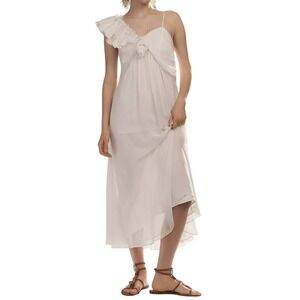 LET ME BE White Midi Dress Asymmetric 3D Floral Sz M, L Side Zip Romantic‎ Boho